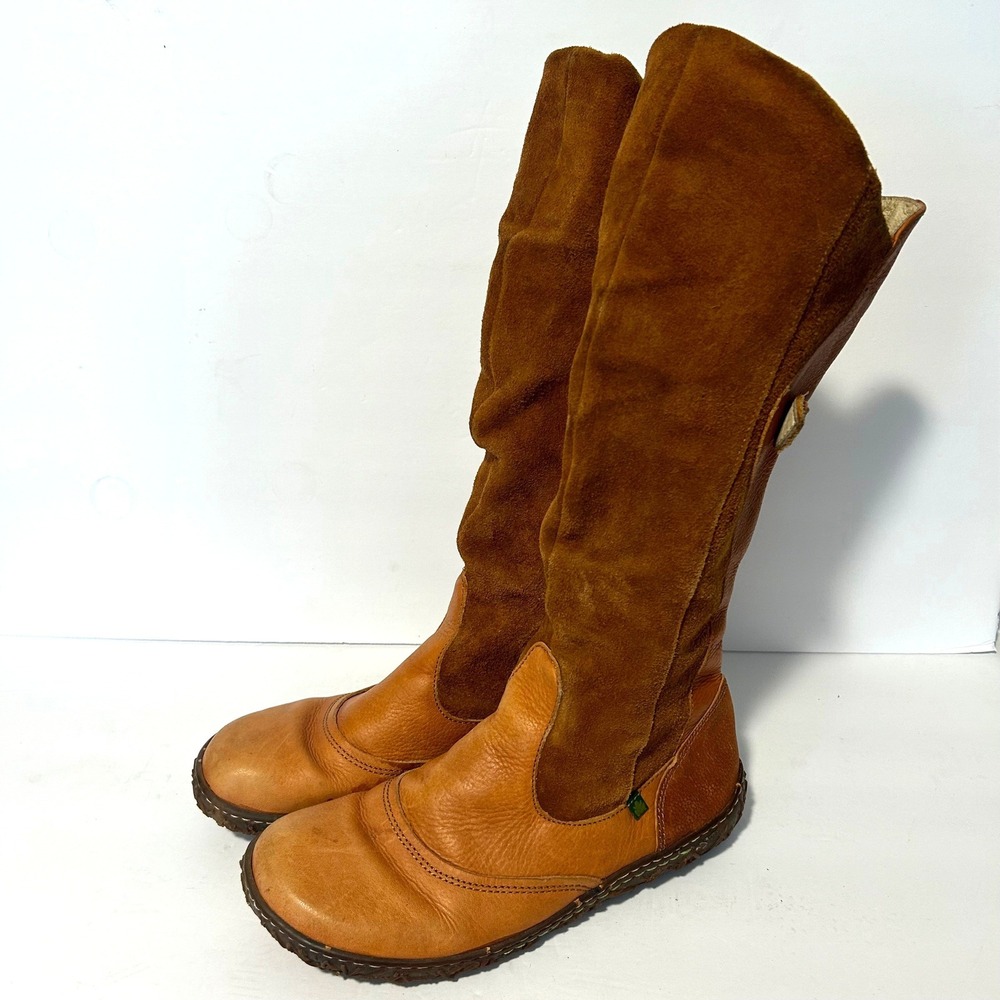 El Naturalista Tall Boots Womens Tan Brown Leather Suede Mixed Media Slouch